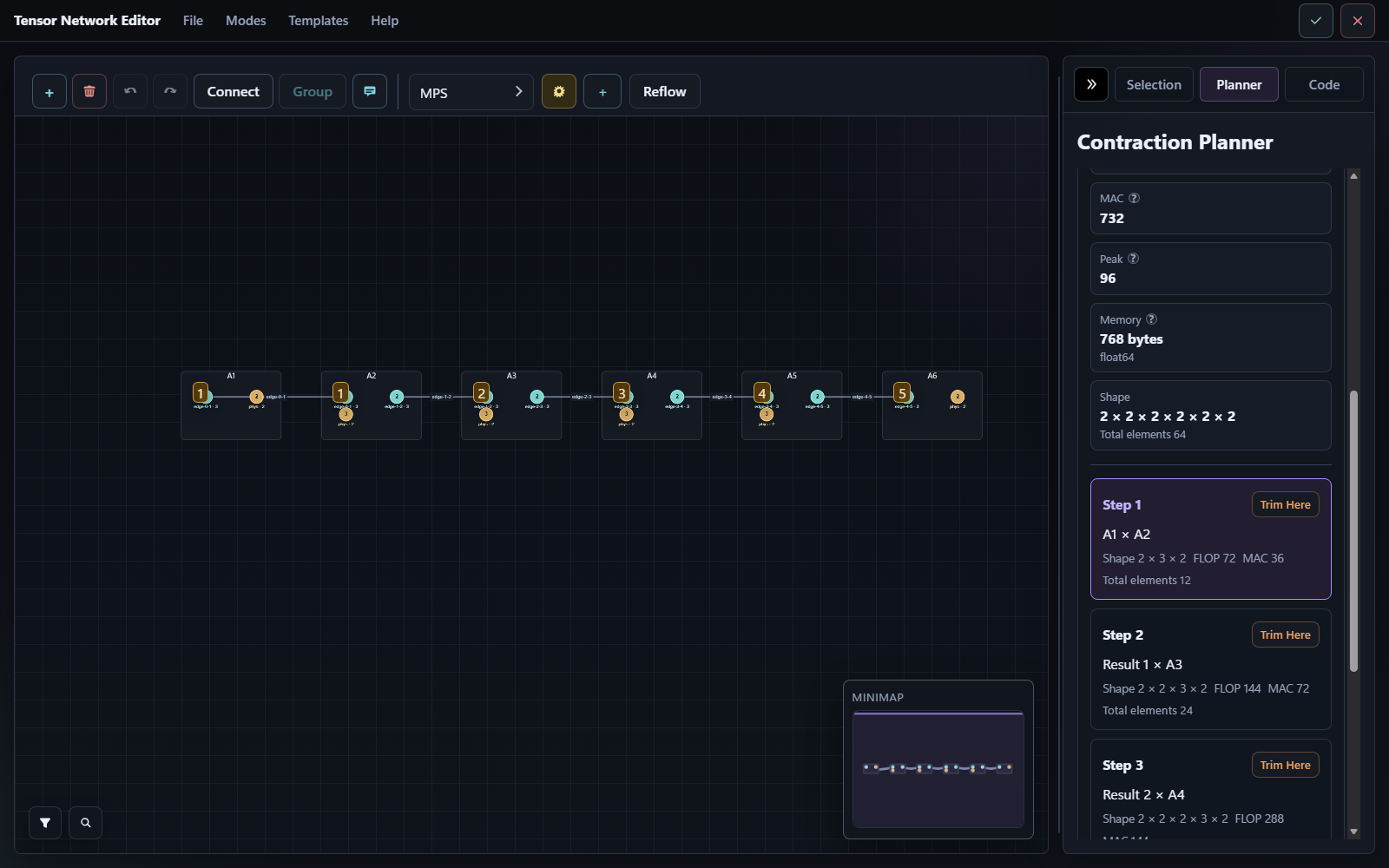 Six-node manual contraction planner with the first step selected