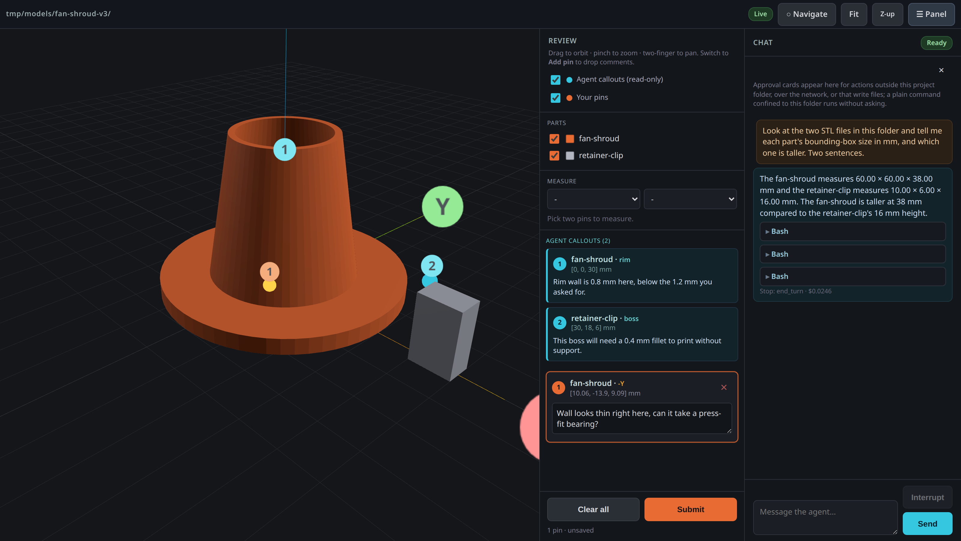 Annealage Mesh: the model with a human's orange pin and the agent's cyan callouts, the review panel, and the chat pane mid-answer