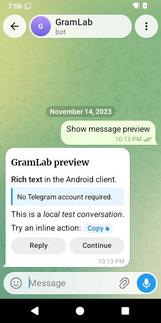 An English GramLab conversation in the Telegram Android renderer, with rich text, buttons and glass effects.