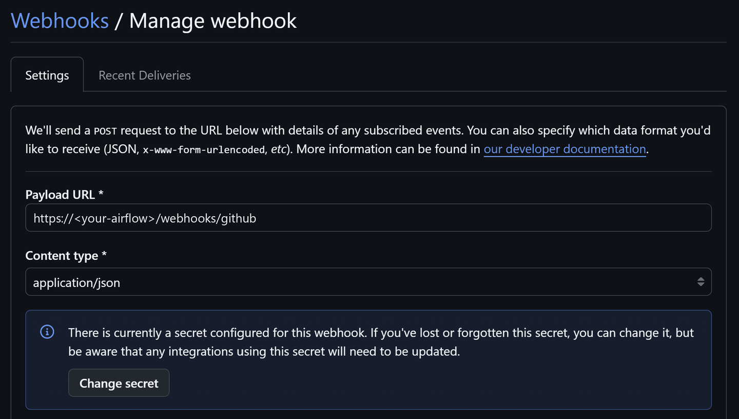 GitHub's webhook settings: Payload URL https://<your-airflow>/webhooks/github, Content type application/json and a configured secret
