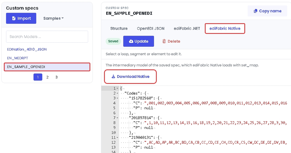 The Download Native button on the ediFabric Native tab of a custom spec in the EDI Spec Builder
