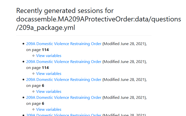 A screenshot that says "Recently generated sessions for docassemble.MA209AProtectiveOrder:data/questions/209a_package.yml" with 5 sessions below
