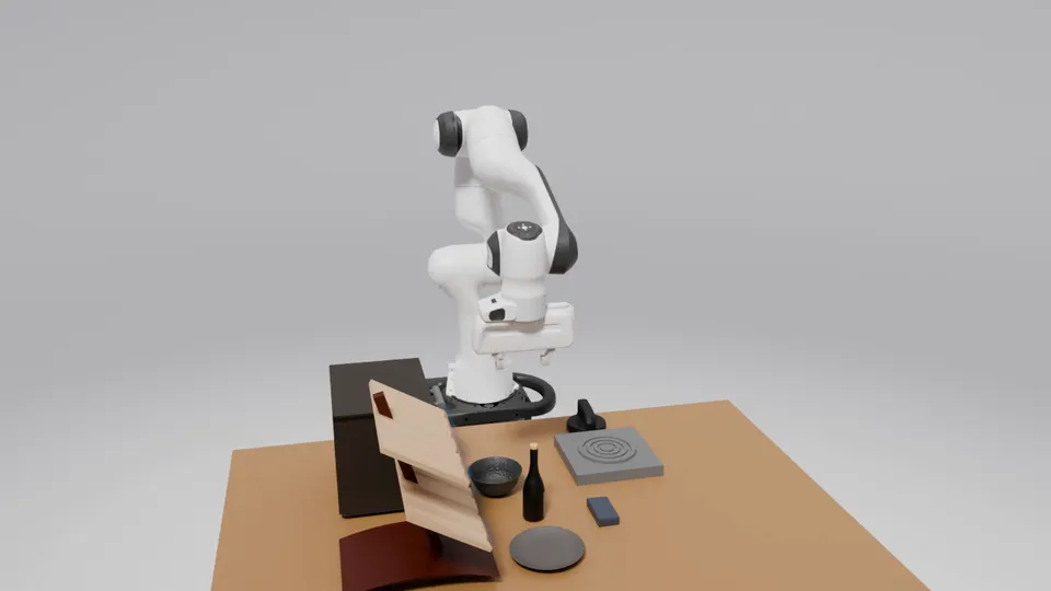 Blender render of an LLM agent putting a wine bottle on a drawer in LIBERO