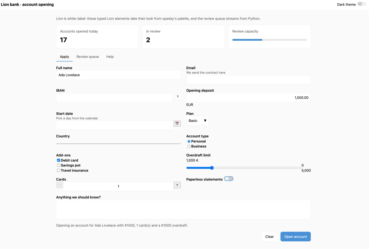 Preview of Lion components in spaday rendering a bank account opening page