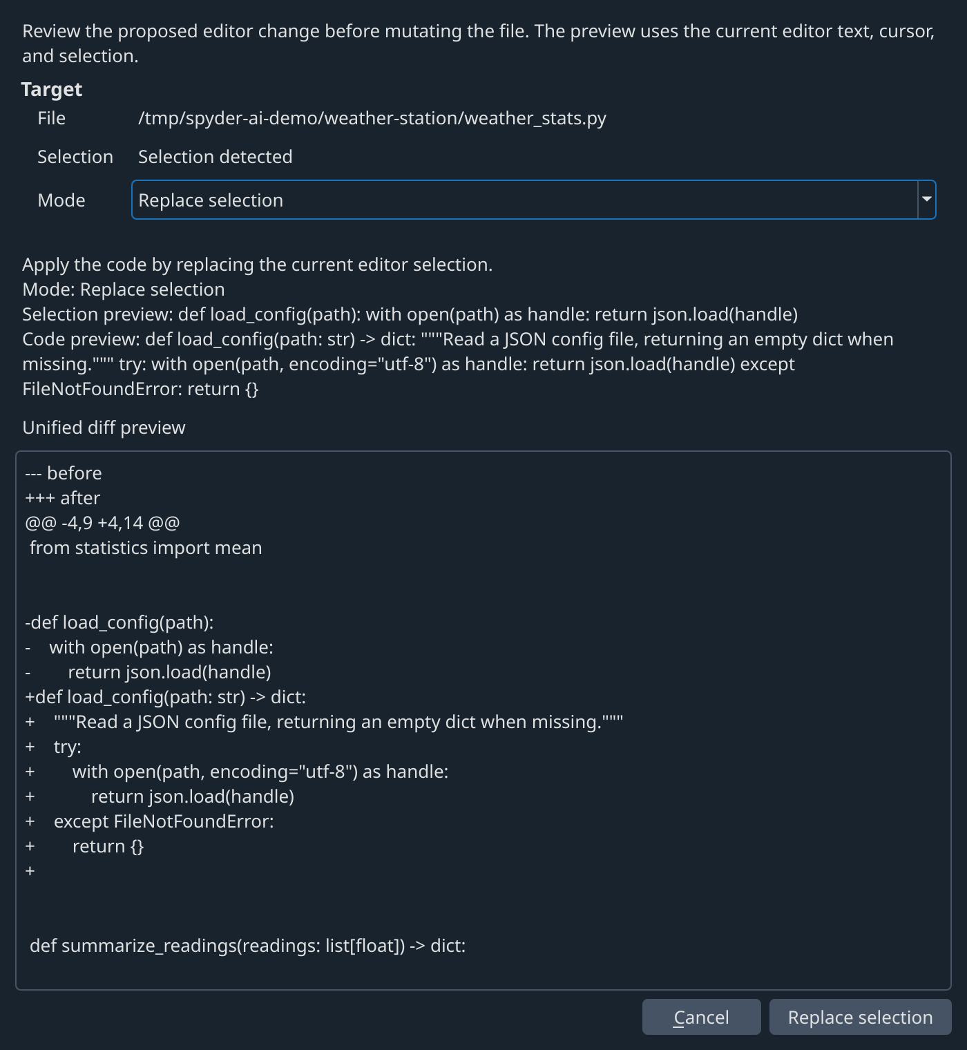 Apply preview dialog showing a unified diff before the editor changes