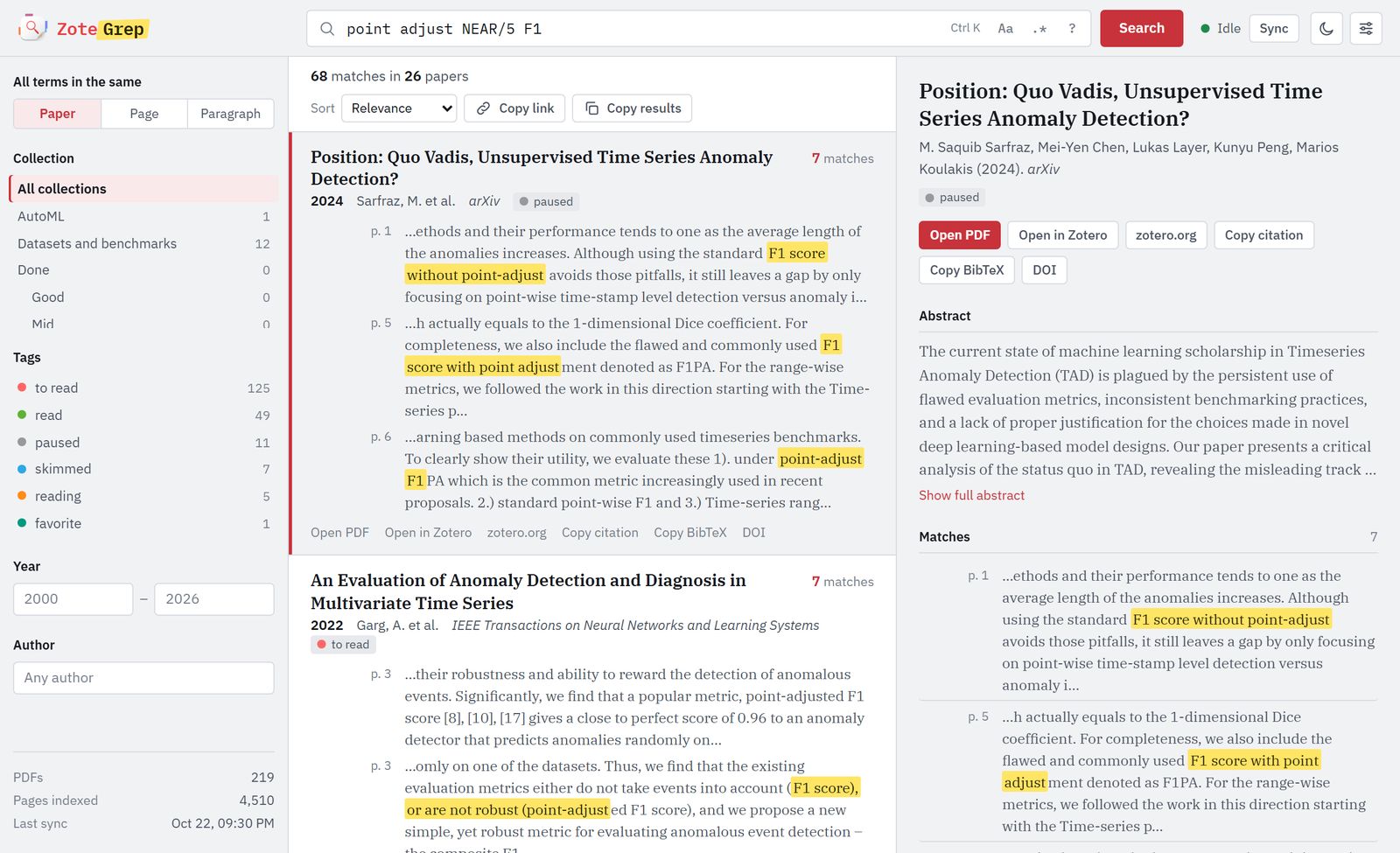 ZoteGrep listing 68 matches of point adjust NEAR/5 F1 in 26 papers, with highlighted snippets, page numbers, collection and tag filters, and the abstract of the selected paper