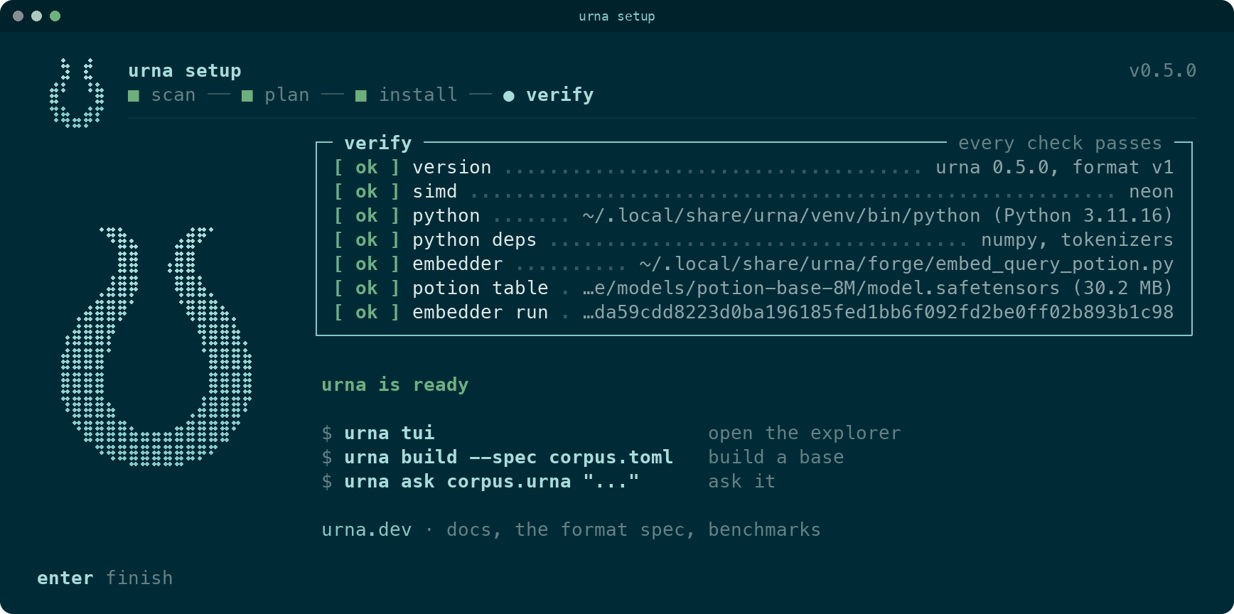 urna setup: the verify step with every doctor check passing