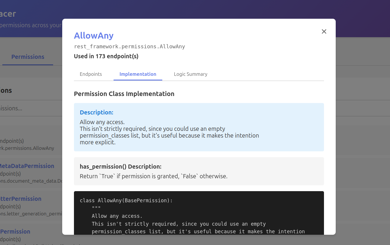 Endpoints and permissions in the dashboard