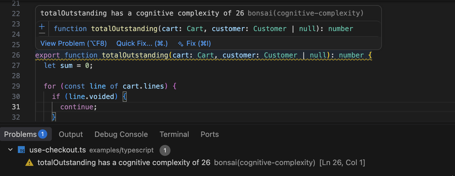 A cognitive complexity warning underlining a TypeScript function name, with the Problems panel showing one diagnostic