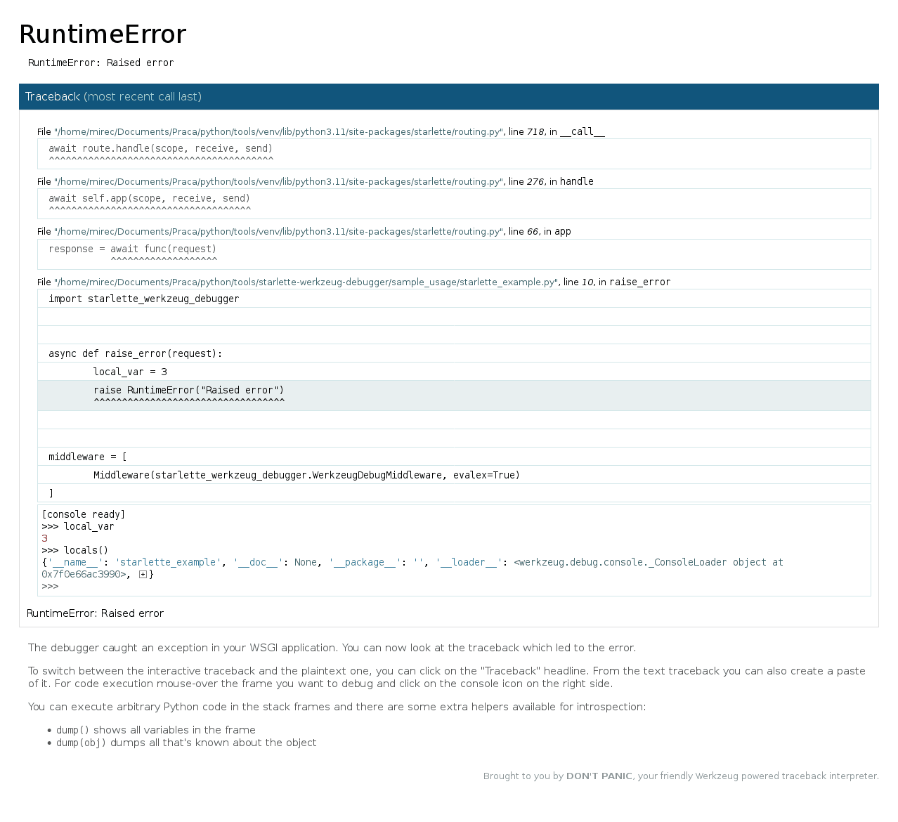https://raw.github.com/wiki/mireq/starlette-werkzeug-debugger/debugger.png?v=2023-06-20