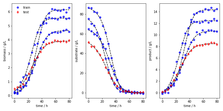 Fig 2. Example several runs in batch operation mode (batch1 example) with training and testing batches visualized differently.