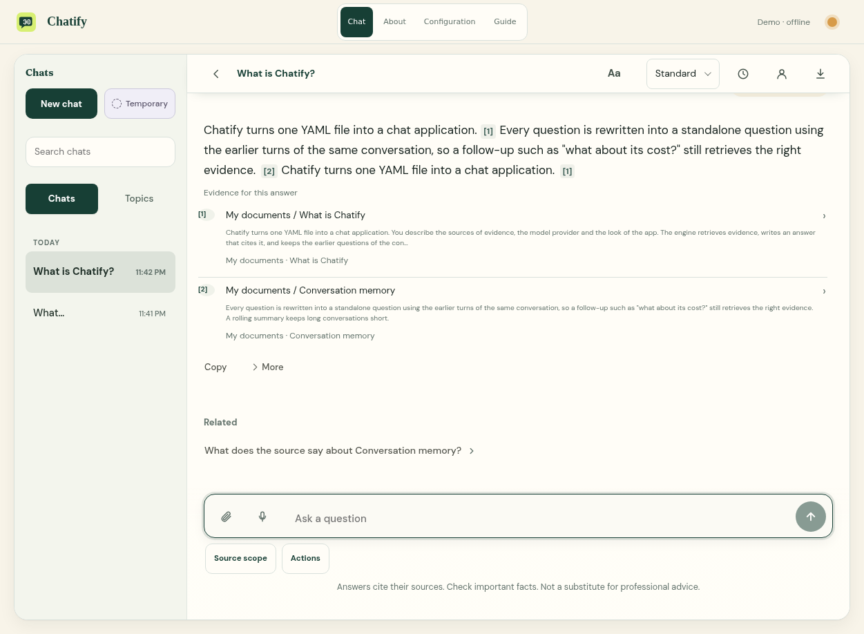 Chatify answering a question with sources in offline Demo mode