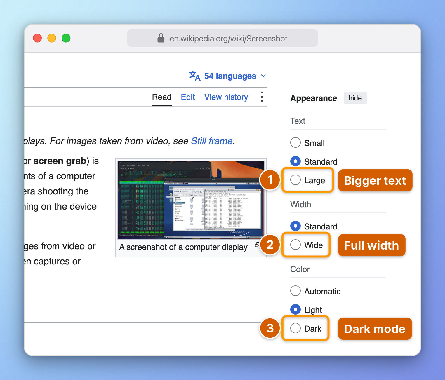 Three numbered steps in the Appearance panel of a Wikipedia article, framed in a browser window on a blue gradient