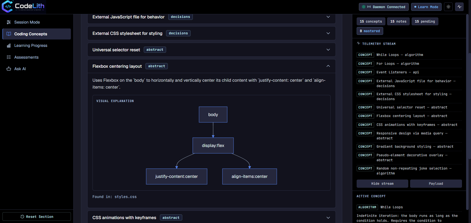 CodeLith Dashboard - Learning Progress