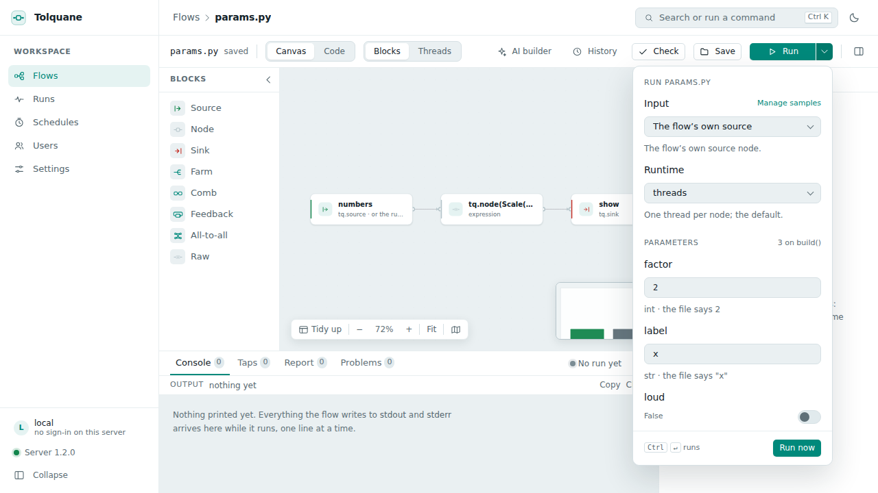 The Run popover: the flow's own parameters, each typed from its default