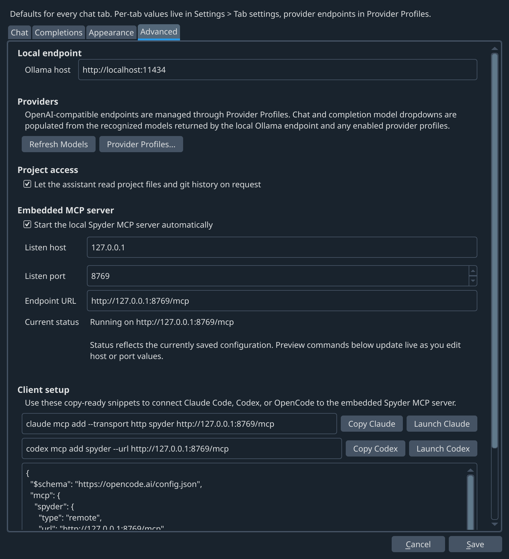 Advanced tab of Assistant Settings with the embedded MCP server status and launch buttons