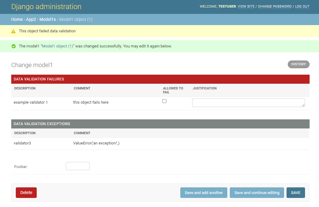 screenshot of a default admin change form