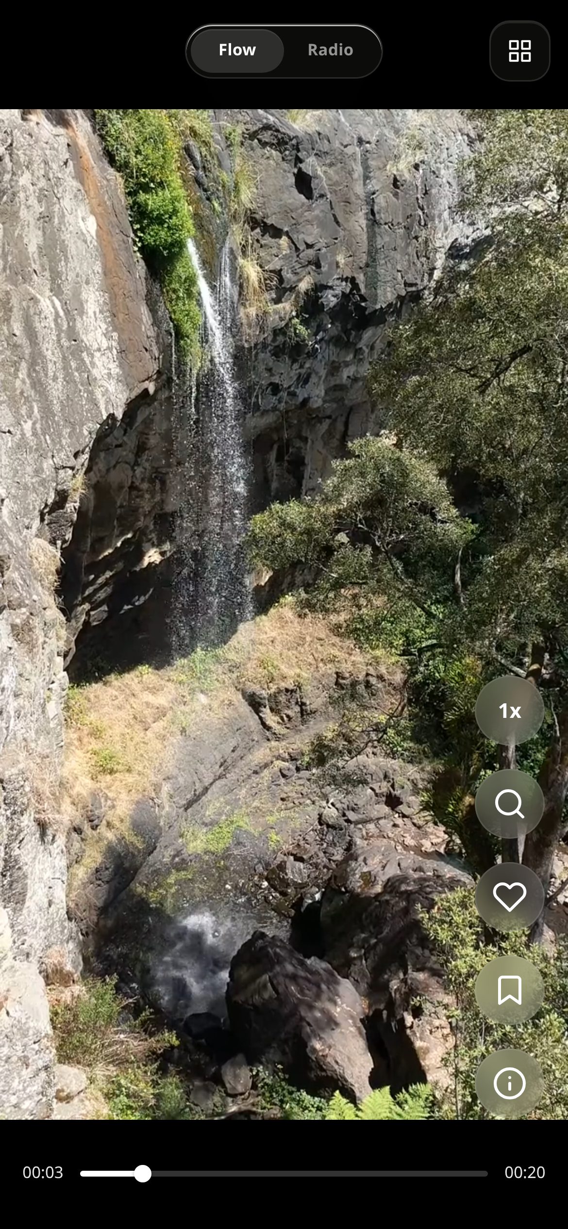 Flow: a full-screen waterfall video with like, save and info actions