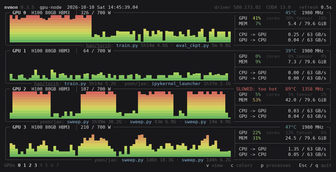 nvmon showing four H100 GPUs one under the other, two people's jobs on them, the other four hidden, the pointer moving along a graph with the utilization and memory then beside it