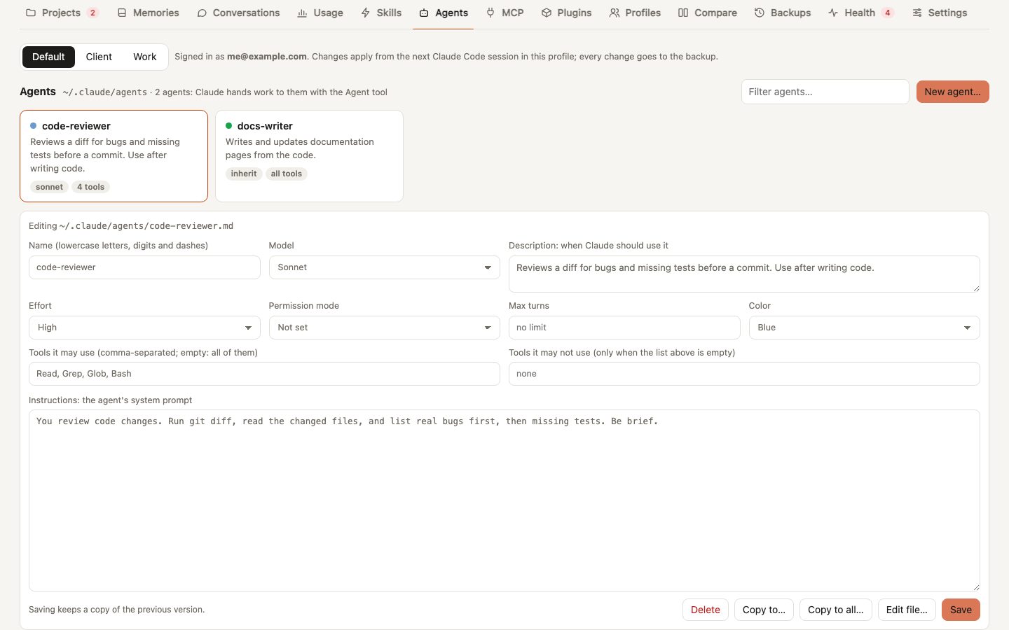 The Agents tab: the subagents of a profile as cards, and one open in a form with its model, description, effort, permission mode, max turns, color, tools and instructions