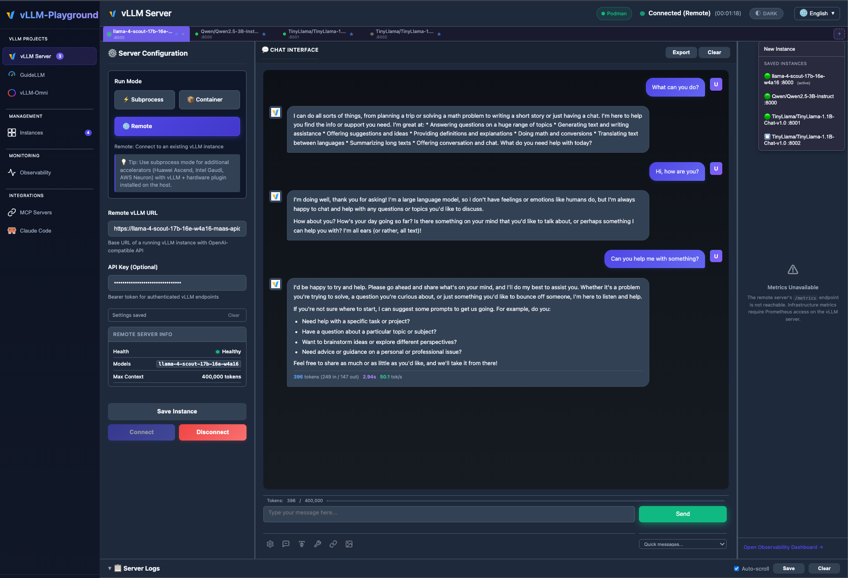 vLLM Server with multiple instance tabs and saved backends