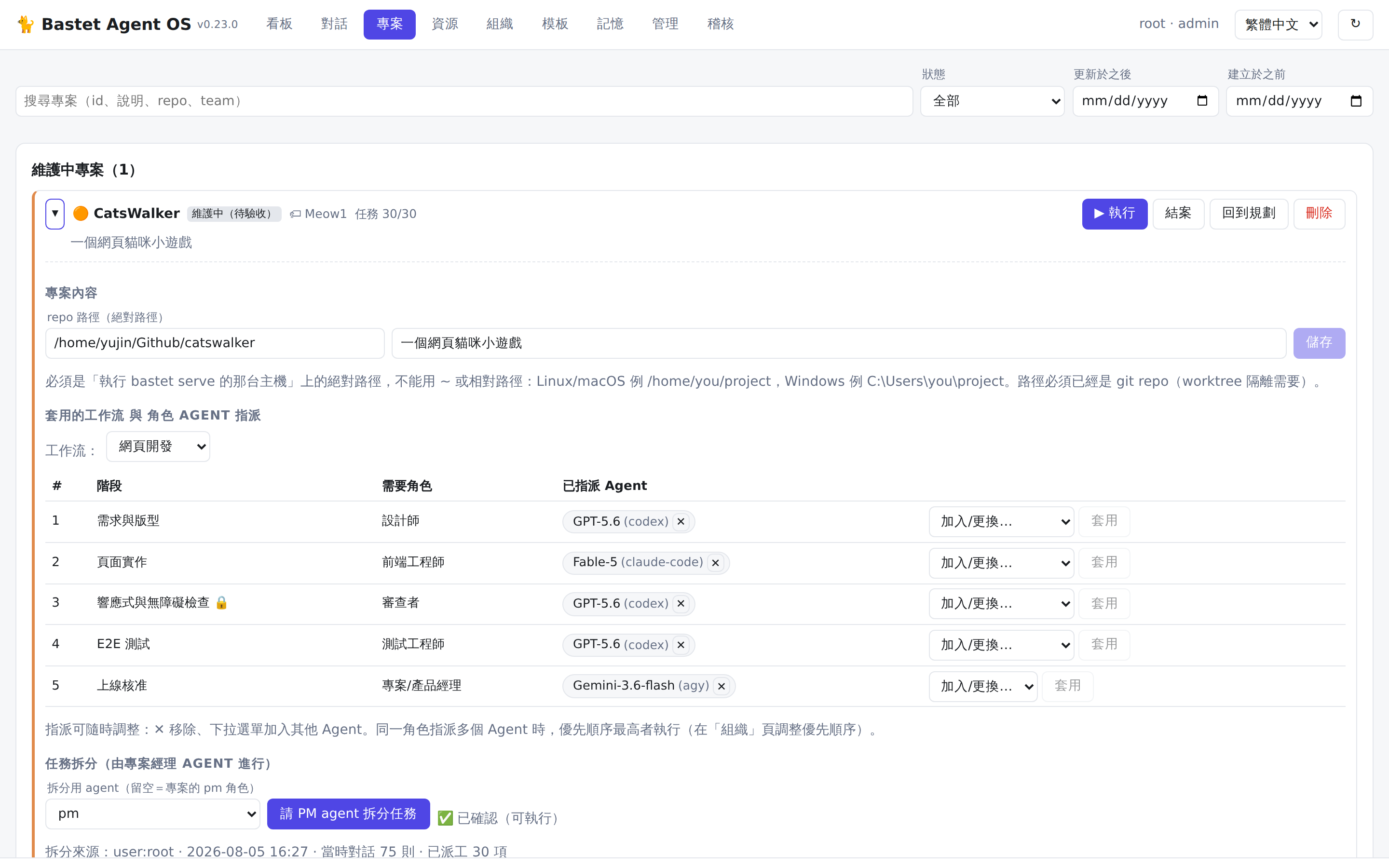 Project card with workflow, role assignments and task plan