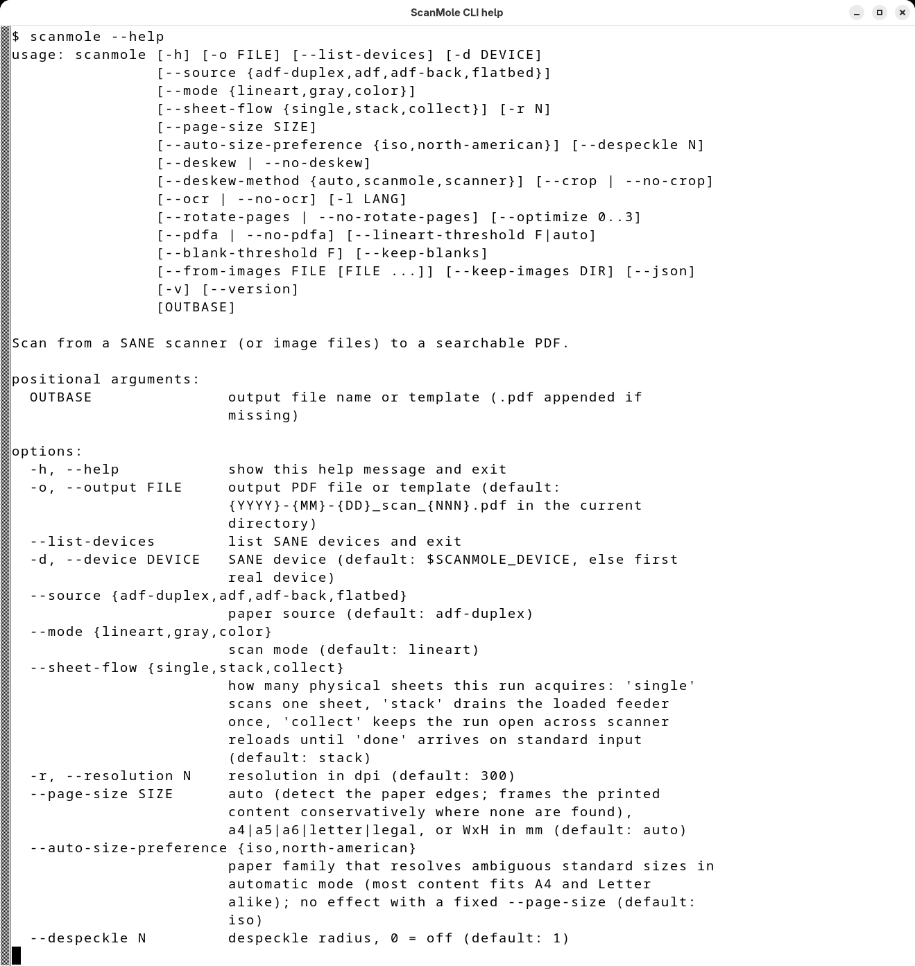 Screenshot: The upper half of the ScanMole CLI's --help output