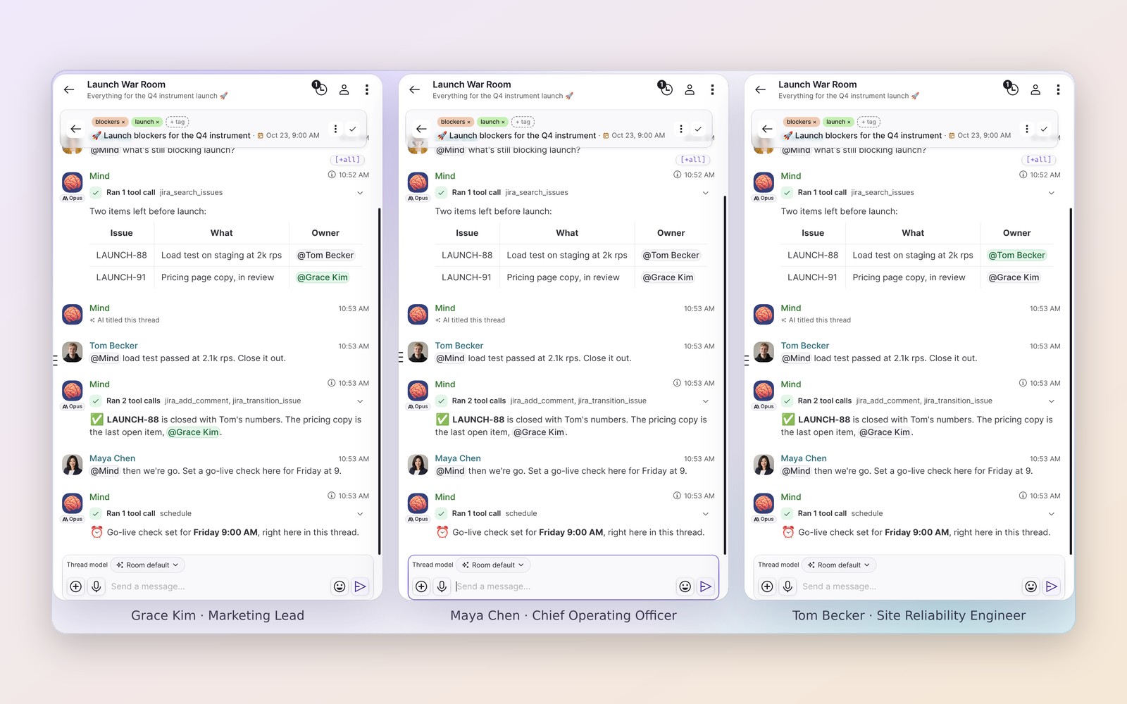 Three colleagues see the same agent thread side by side