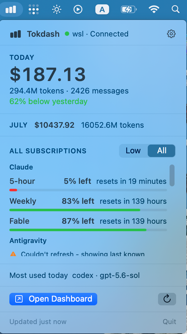 Tokdash Companion Status Bar App on macOS