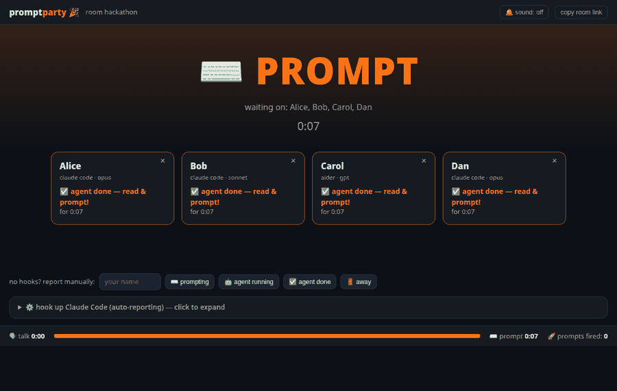 promptparty demo — the dashboard flipping between TALK and PROMPT