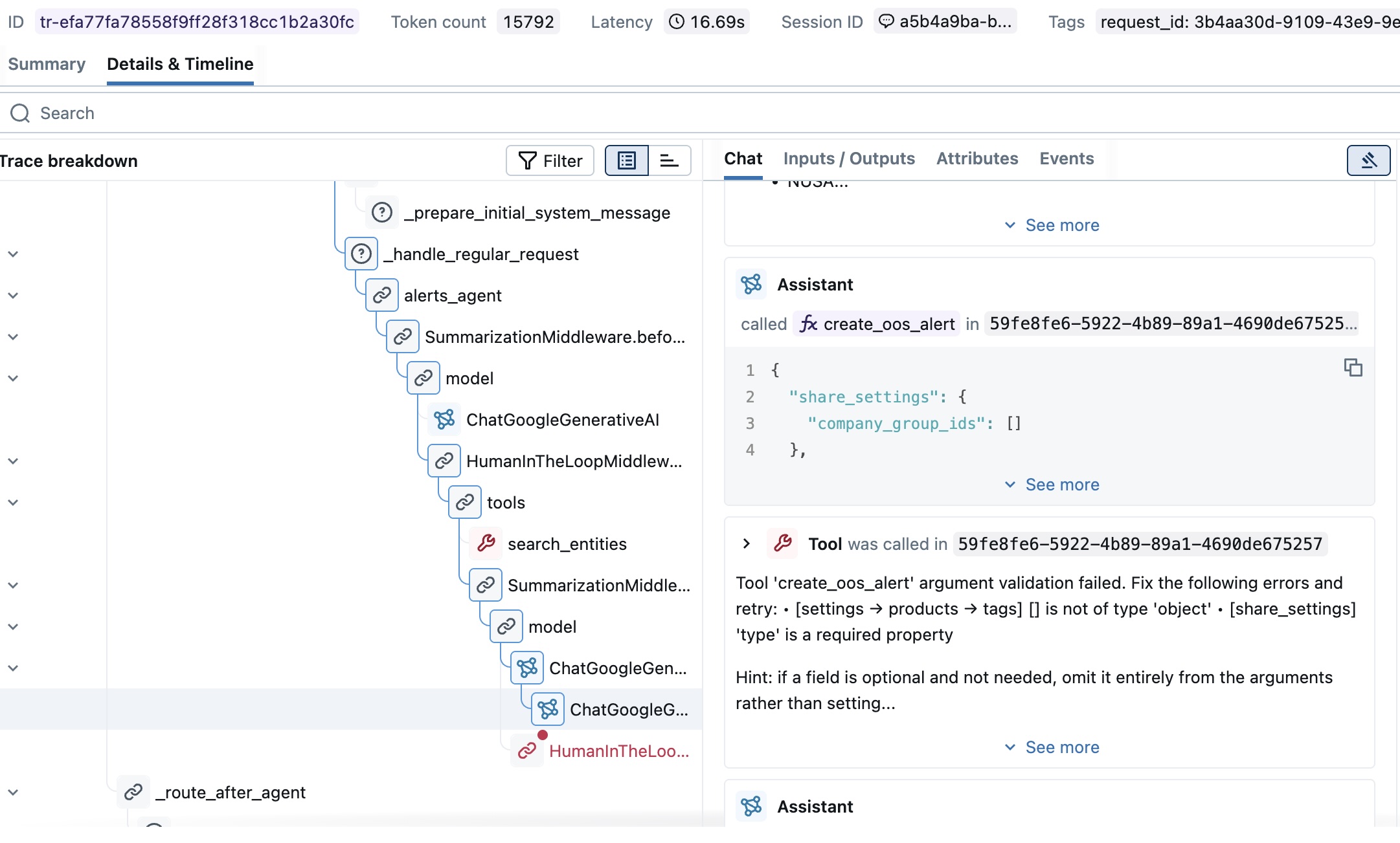 Trace showing the middleware catching an invalid tool call and prompting the model to self-correct