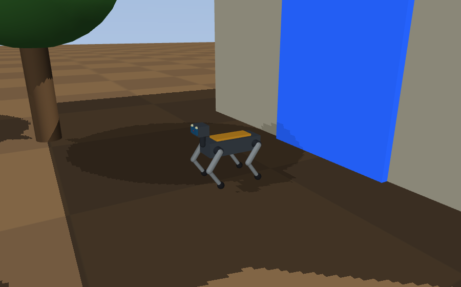 The Q1 quadruped standing by the shed, an apple tree behind