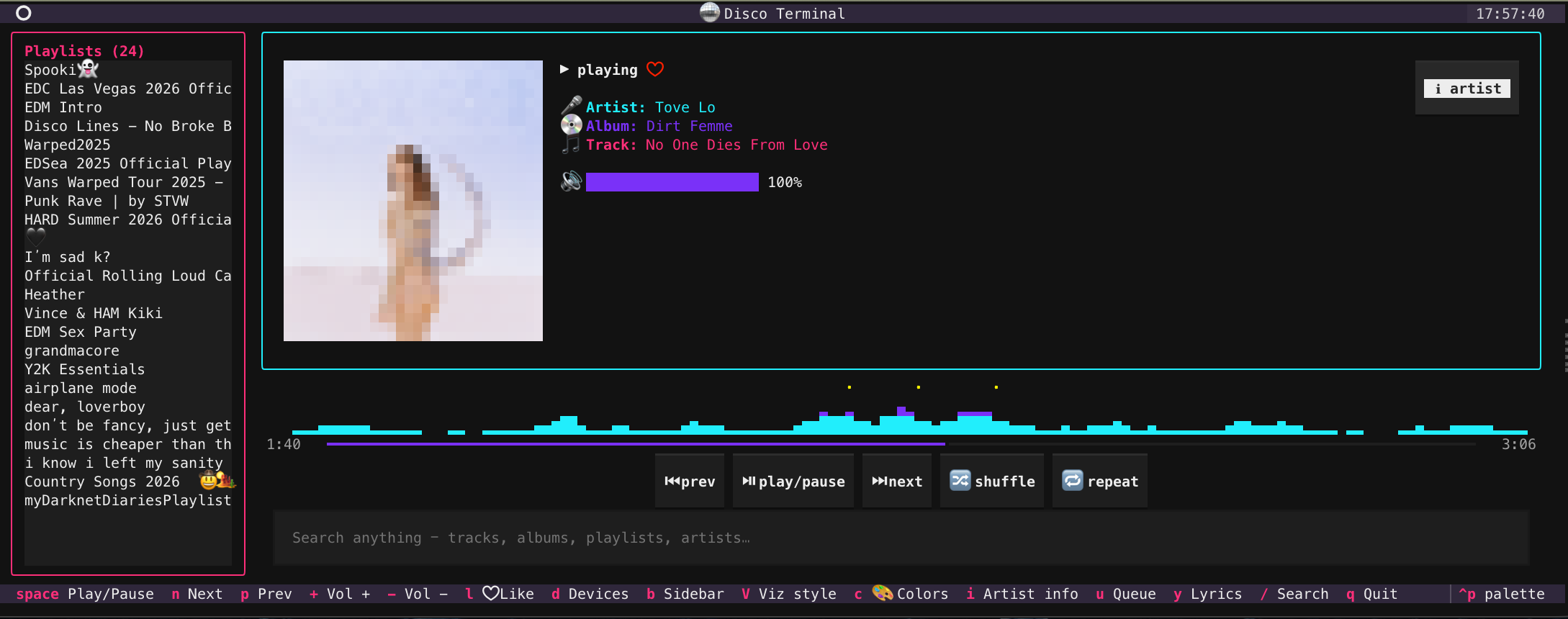 Disco Terminal — now playing with live visualizer
