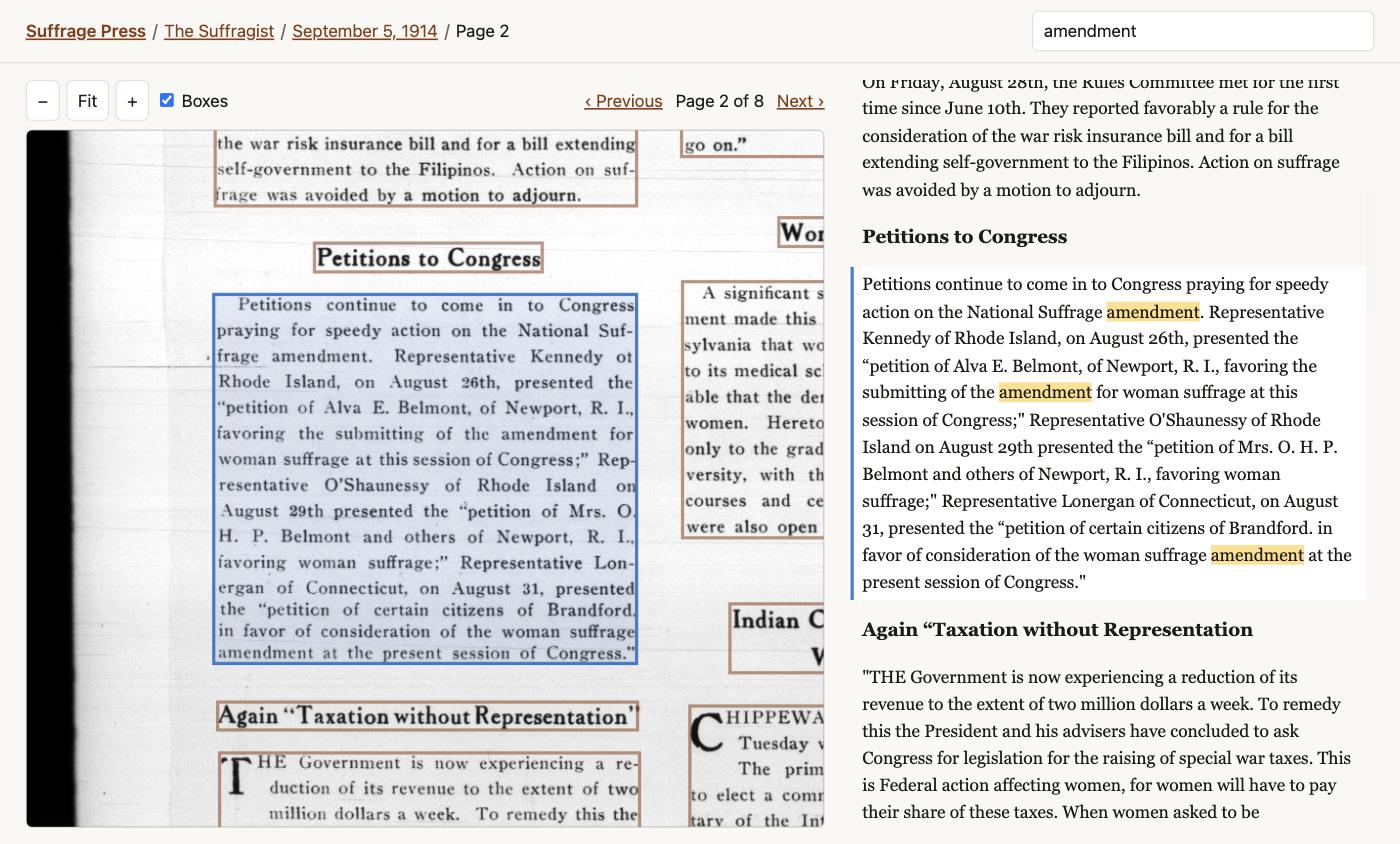 The paperpress reader: a page of The Suffragist with OCR regions boxed, beside the text in reading order, with search hits highlighted