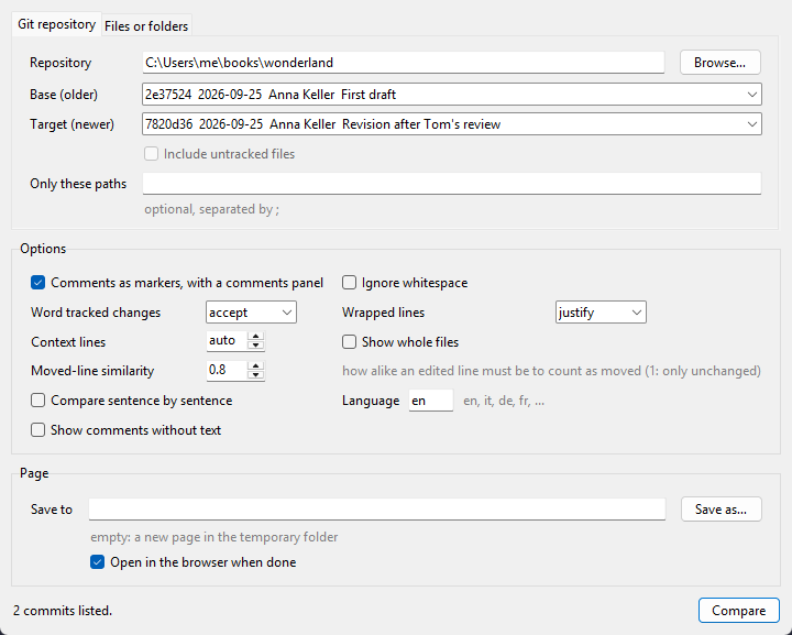 The prosediff window: a git repository with base and target commits chosen from lists, and the options