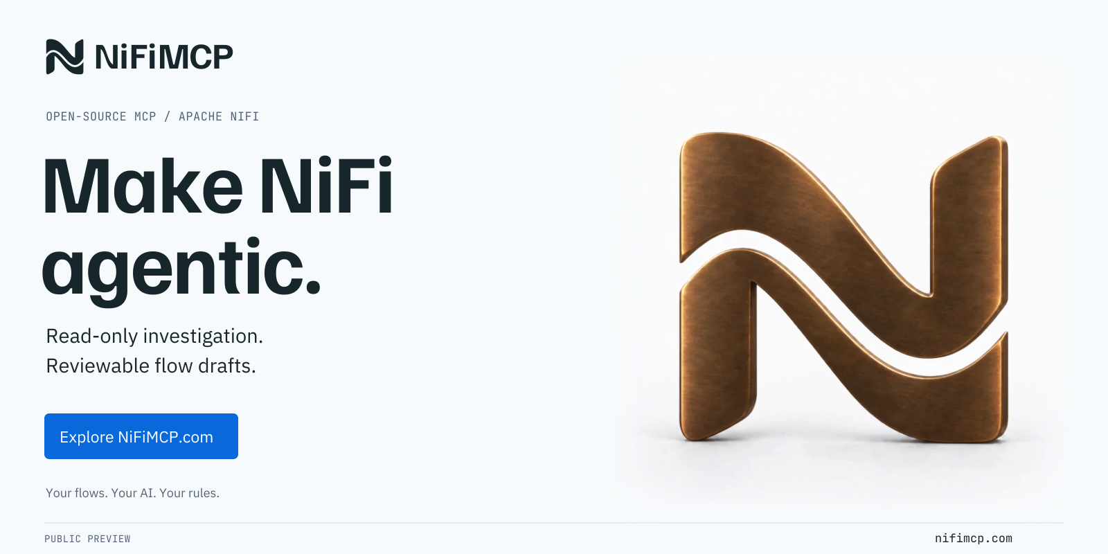 NiFiMCP. Make NiFi agentic. Open-source MCP for Apache NiFi: read-only investigation and reviewable flow drafts. Explore nifimcp.com.