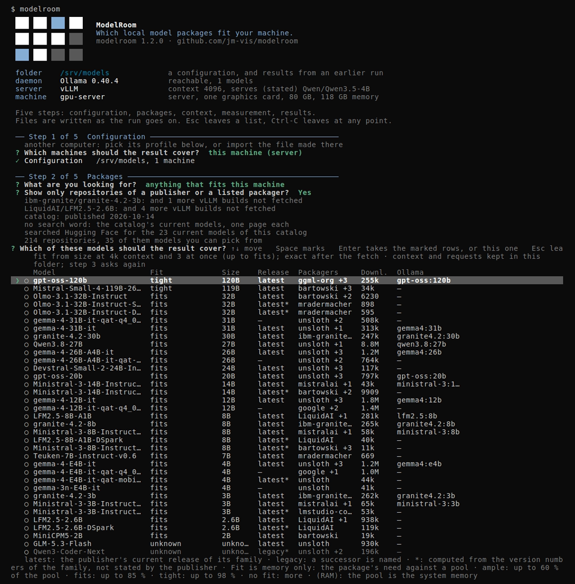Step 2 with an empty search word: the catalog's current models, one page each, ranked by fit, gpt-oss-120b tight in the first row