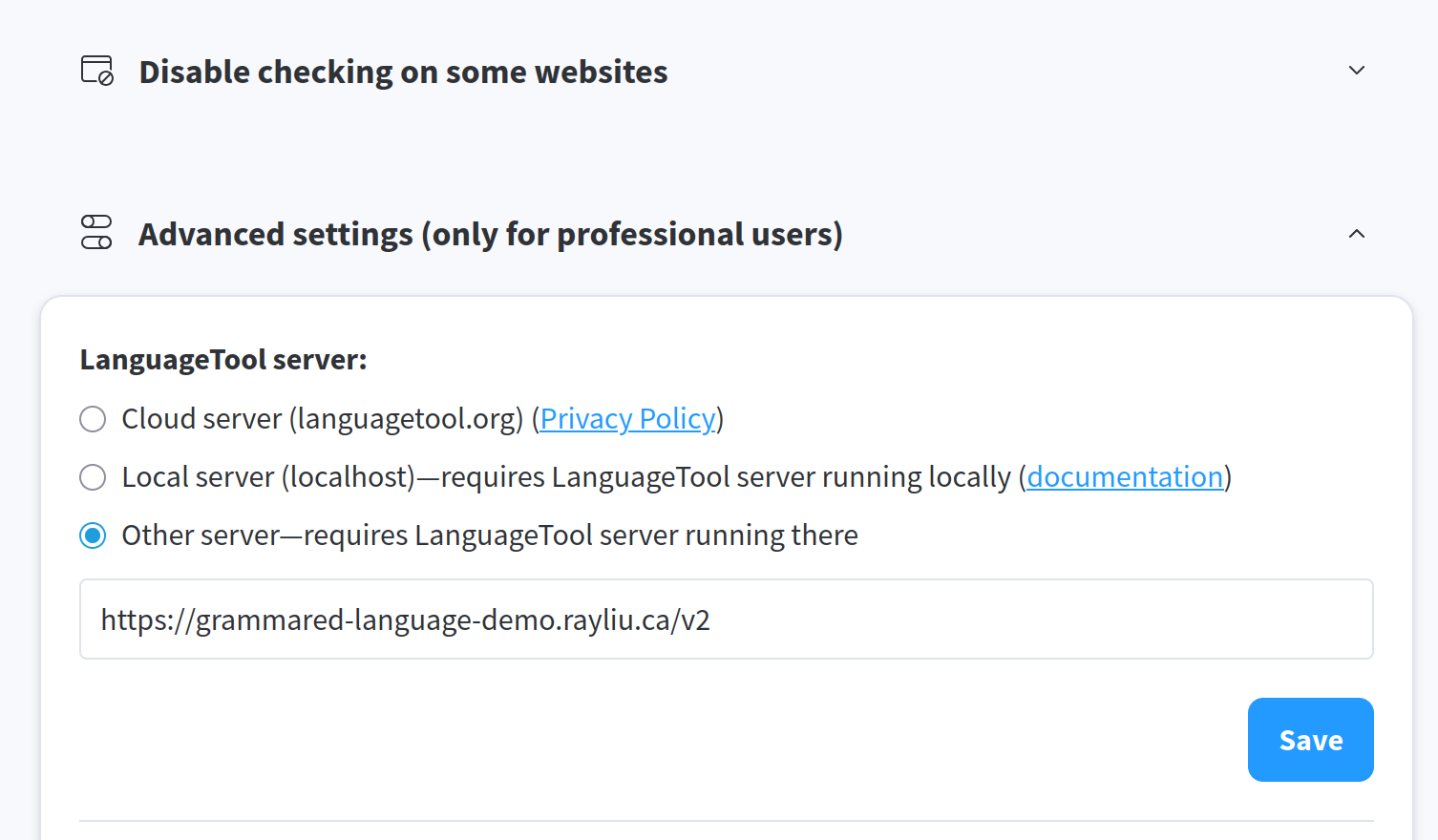 Demo config instruction screenshot: Add the demo URL to the client settings -> Advanced settings -> Other server