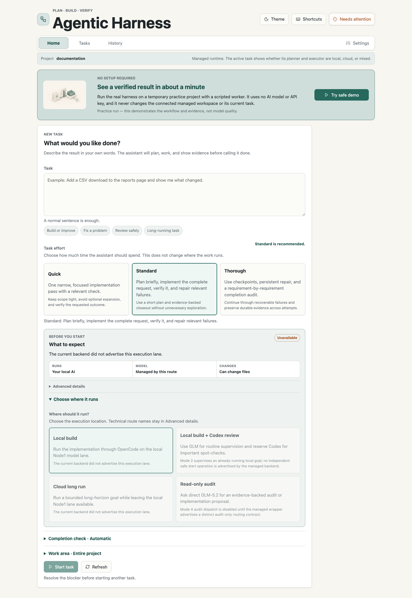 Managed Agentic Harness installation with execution routes and local model profiles
