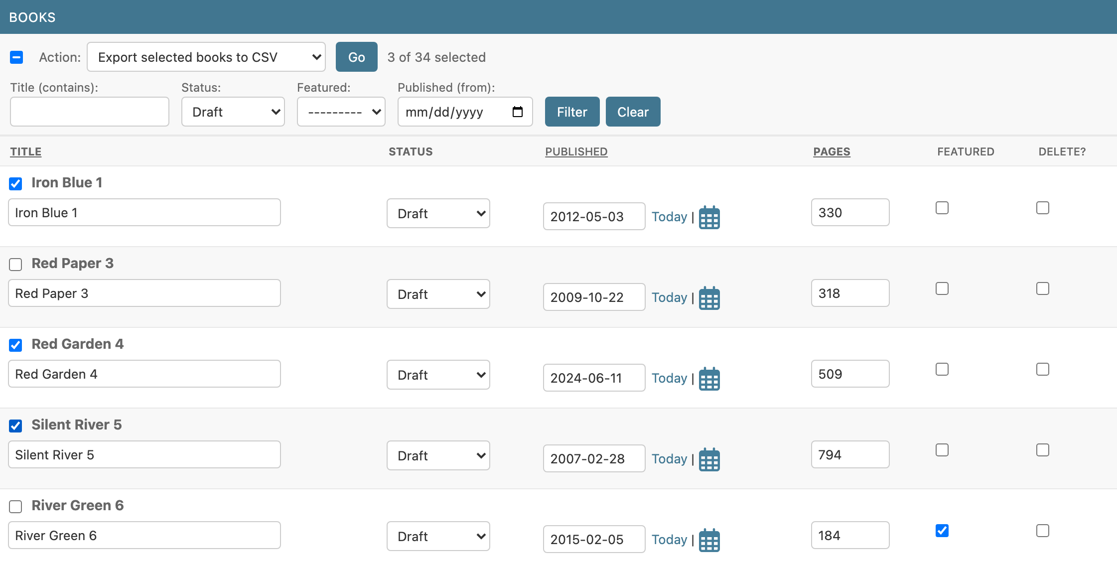 Inline actions: row checkboxes, the action menu and the selection count