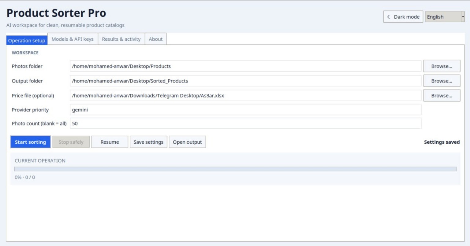 Product Sorter Pro — complete light operation workspace