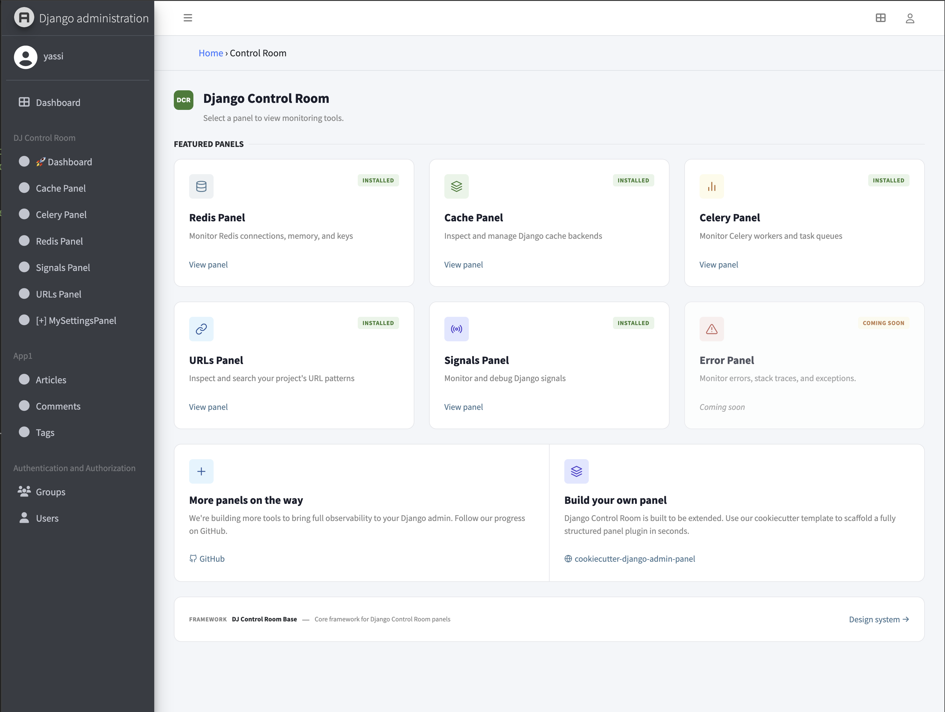 Django Control Room running with the django-jazzmin admin theme