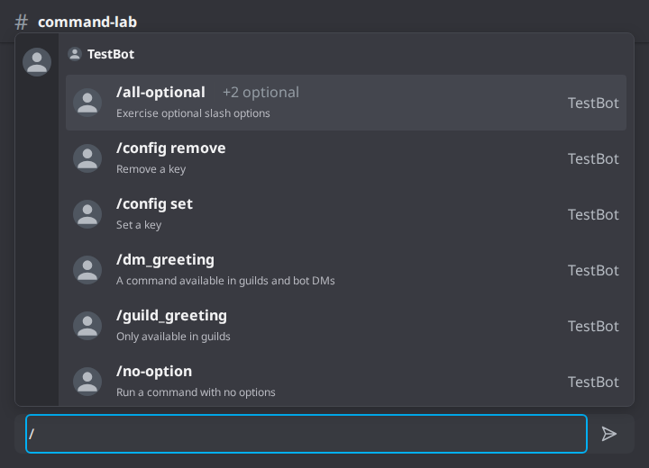 Open slash-command picker showing available commands, descriptions and the channel composer