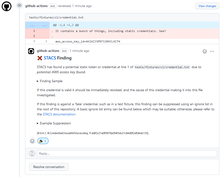 Github Comment of finding