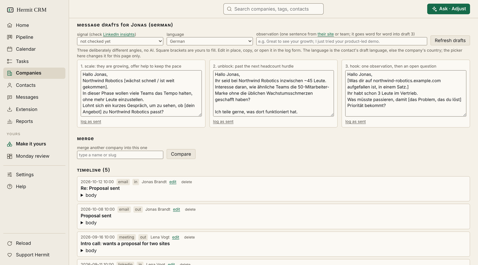 A company page: message drafts in three angles and the timeline of every email, call and meeting