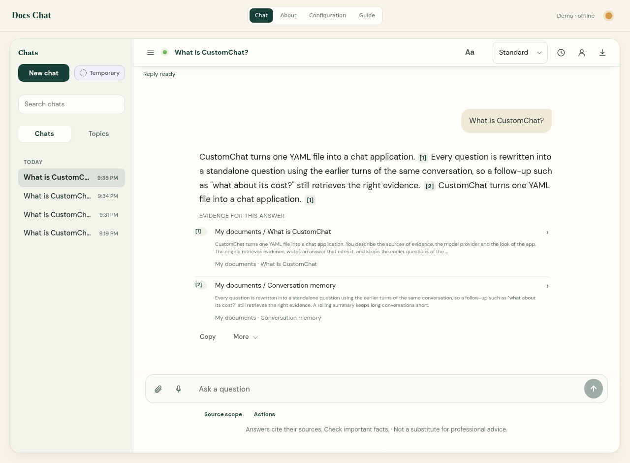 CustomChat answering a question with sources in offline Demo mode