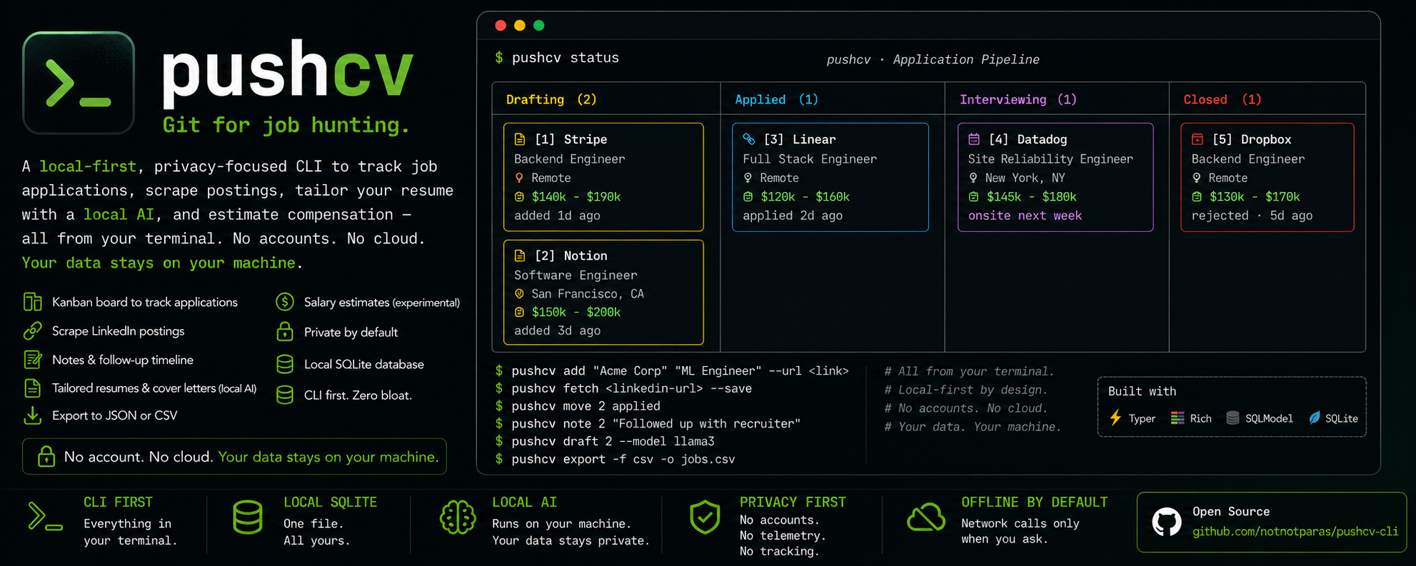 pushcv — the application pipeline as a Kanban board in the terminal