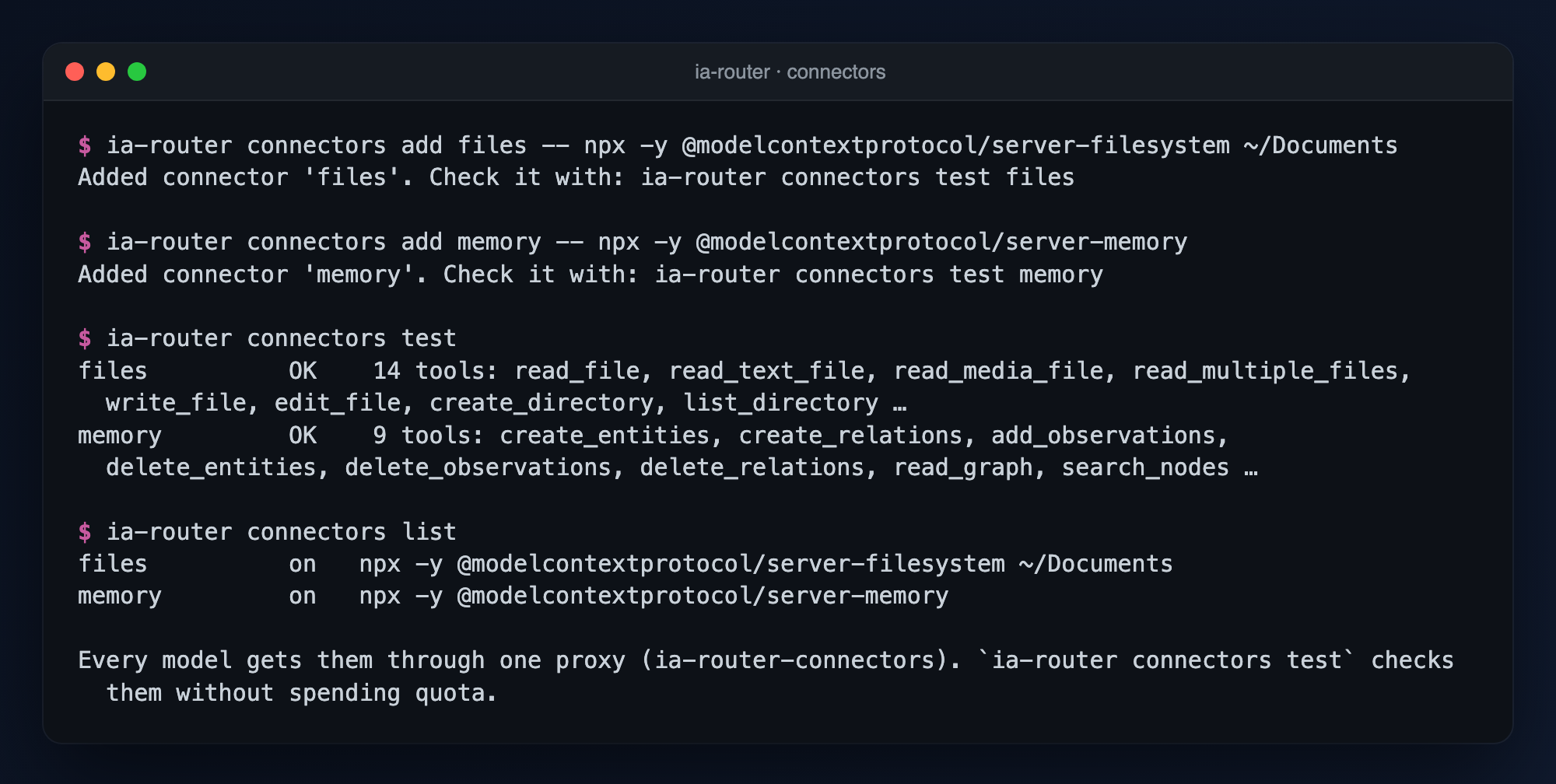 Registering two MCP connectors, testing them and listing them: the filesystem and memory servers, with their tools
