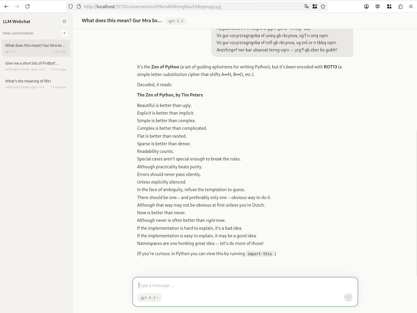 Screenshot of LLM Webchat in a browser