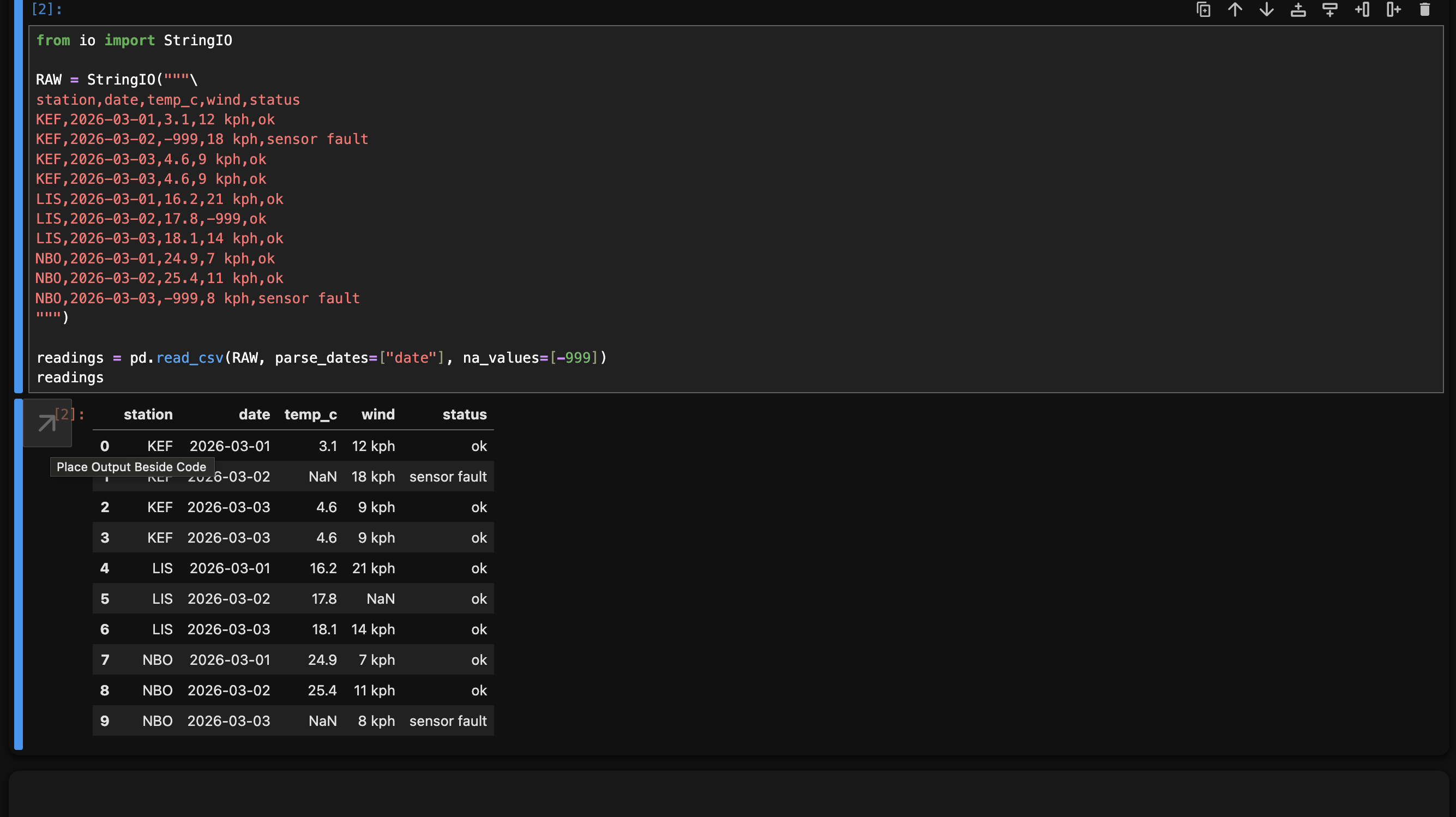 Table below code